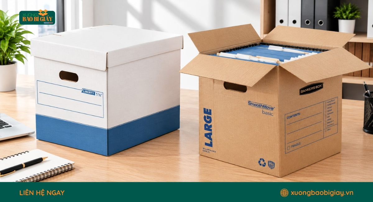 Công nghệ in ấn thùng carton đựng hồ sơ hiện đại, đảm bảo sắc nét và nâng cao nhận diện thương hiệu doanh nghiệp.