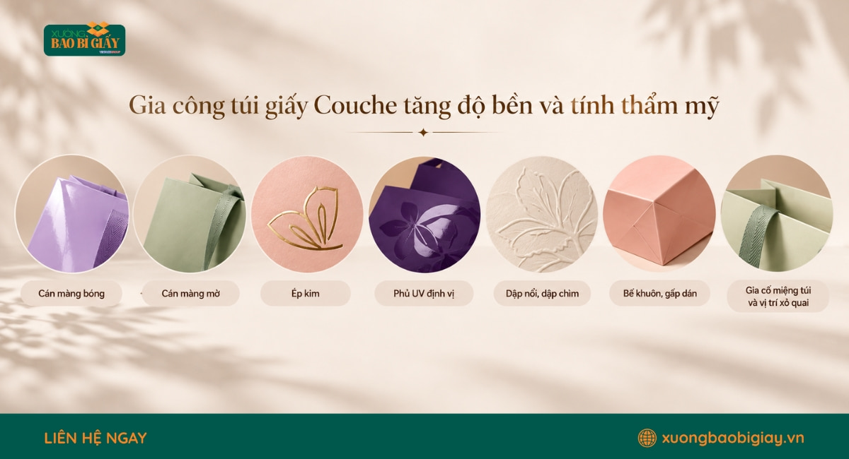 Gia công túi giấy Couche sau in bằng cán màng, ép kim và phủ UV