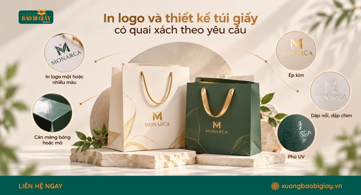 In logo và gia công túi giấy có quai xách theo nhận diện thương hiệu
