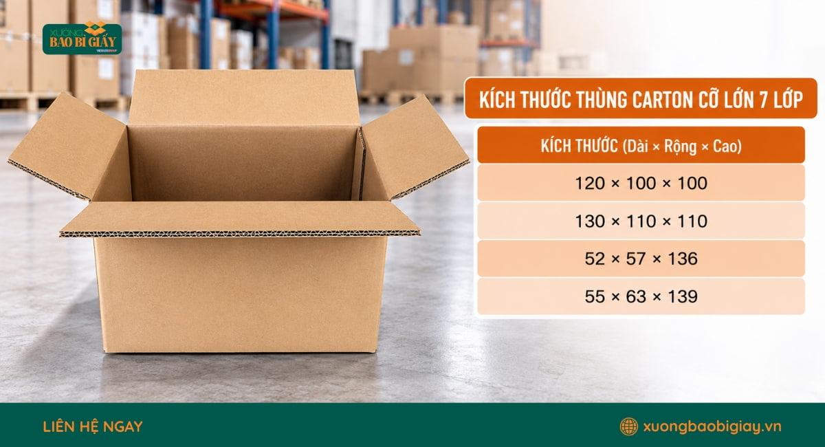 Kích thước thùng carton size lớn 7 lớp theo yêu cầu đóng gói