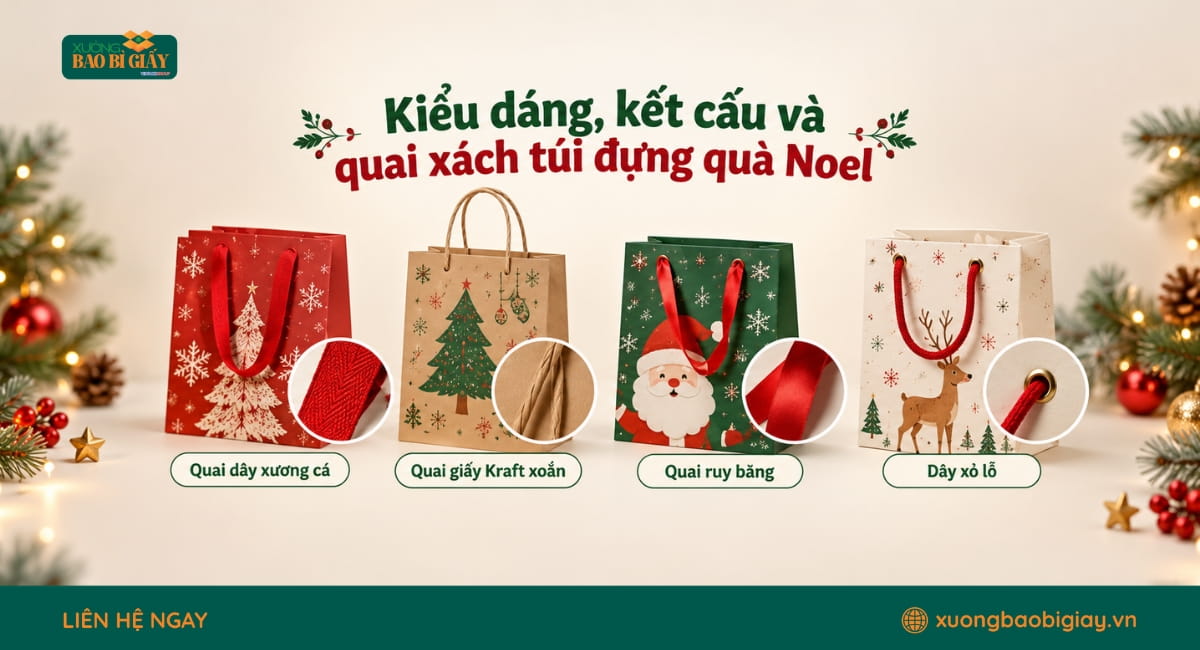 Các kiểu dáng và quai xách túi giấy đựng quà Noel phổ biến