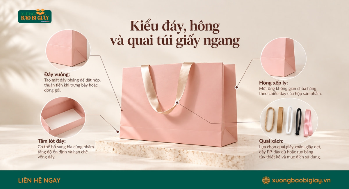 Túi giấy ngang quai dây hồng nổi bật với kiểu dáng thanh lịch