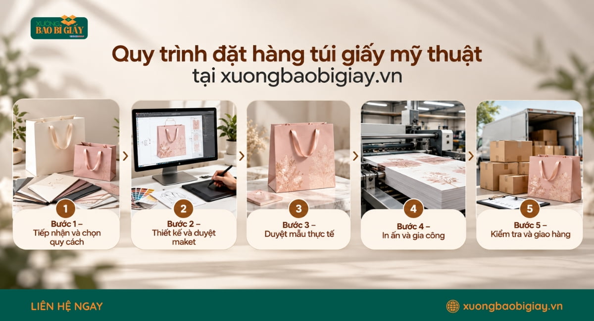 Quy trình đặt túi giấy mỹ thuật từ tư vấn quy cách đến duyệt mẫu và sản xuất