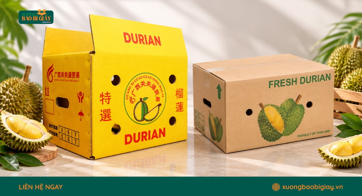 Thùng carton đựng sầu riêng hỗ trợ bảo vệ trái và hạn chế va đập trong quá trình vận chuyển