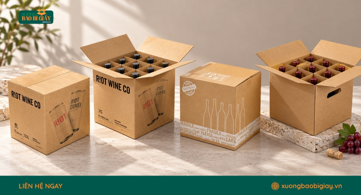 Thùng carton đóng kiện 12 chai rượu phục vụ vận chuyển số lượng lớn