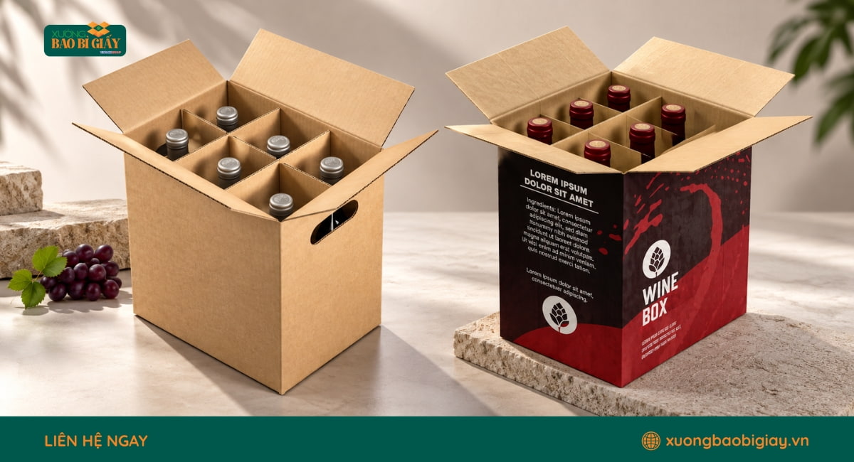 Thùng carton đựng 6 chai rượu vang với vách ngăn chống va chạm