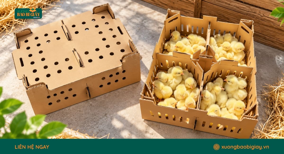 Thùng carton đựng gà con với hệ thống lỗ thông khí bố trí trên thành thùng