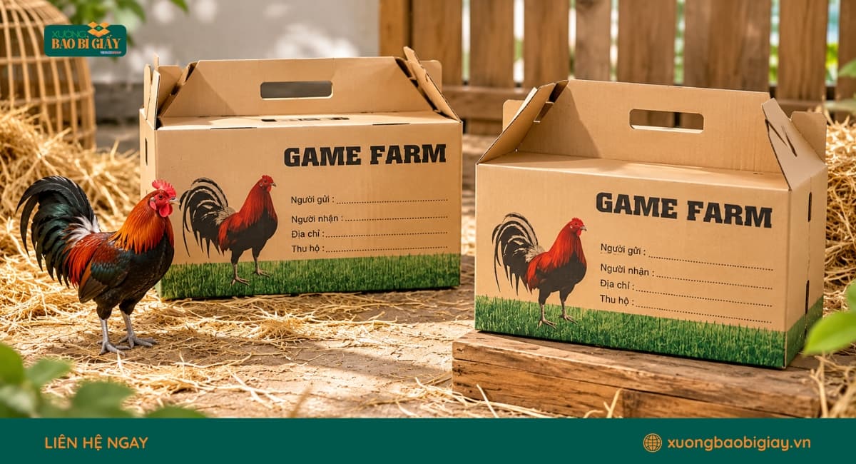 Thùng carton đựng gà tre in thông tin theo yêu cầu tại xưởng
