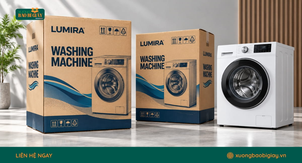 Thùng carton đựng máy giặt cửa trước in nhận diện thương hiệu