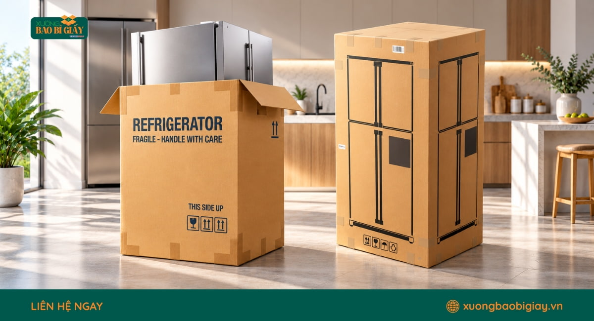 Thùng carton đựng tủ lạnh 2 cánh có kết cấu phù hợp để đóng gói và kê đỡ