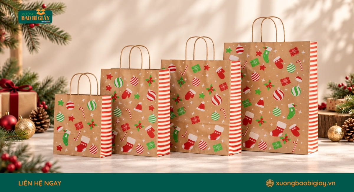Túi giấy Noel trang trí họa tiết Giáng Sinh truyền thống